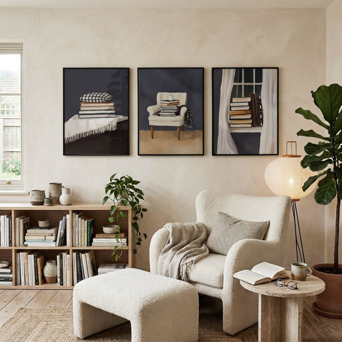 Canvas Painting for Living Room Bohemian Book Lover Still Life wall art displayed on a wall in a styled room — view 4