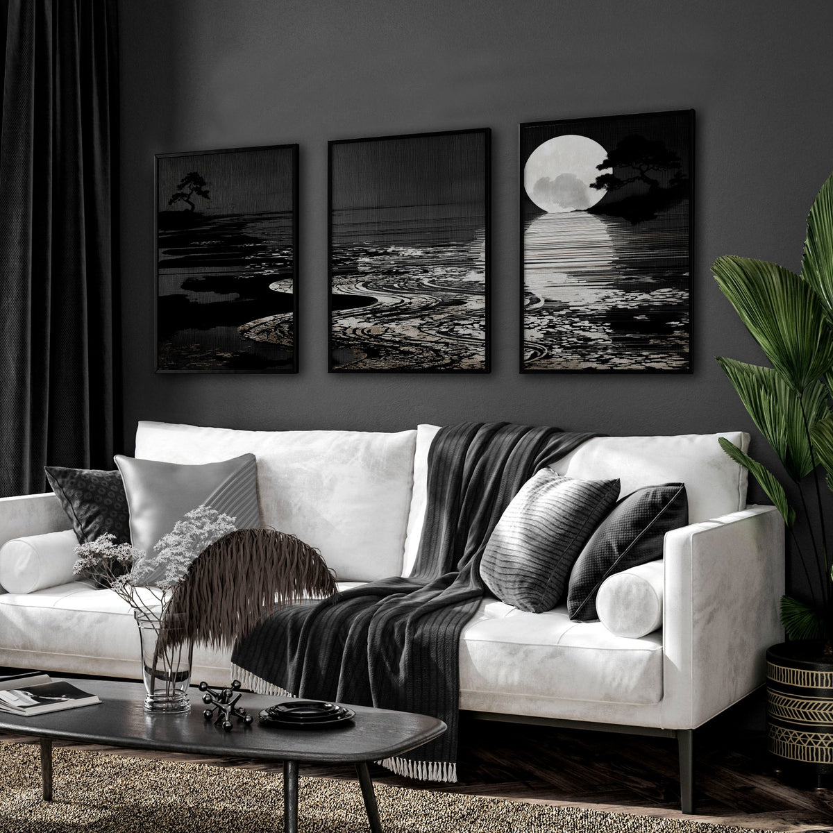 Canvas Pictures for Living Room Japandi Moon Landscape Black & White displayed on a wall in a styled room