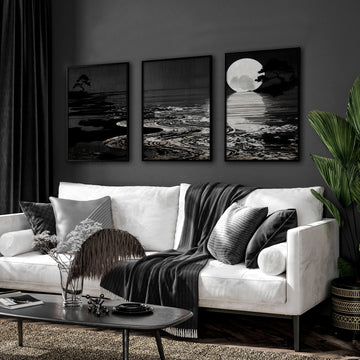 Canvas Pictures for Living Room Japandi Moon Landscape Black & White displayed on a wall in a styled room