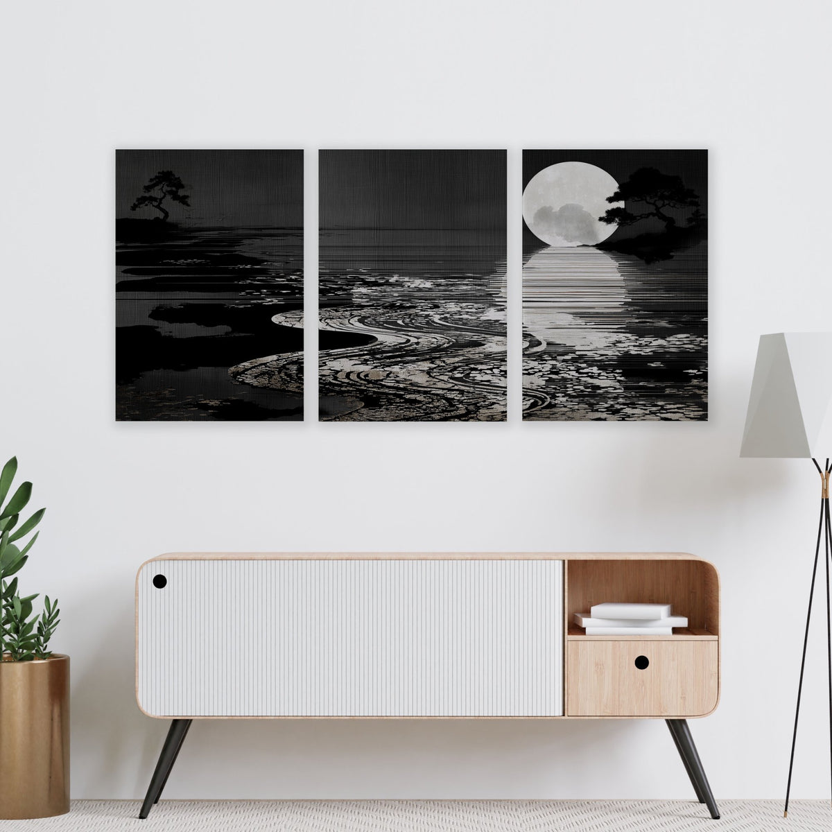 Canvas Pictures for Living Room Japandi Moon Landscape Black & White displayed on a wall in a styled room — view 11
