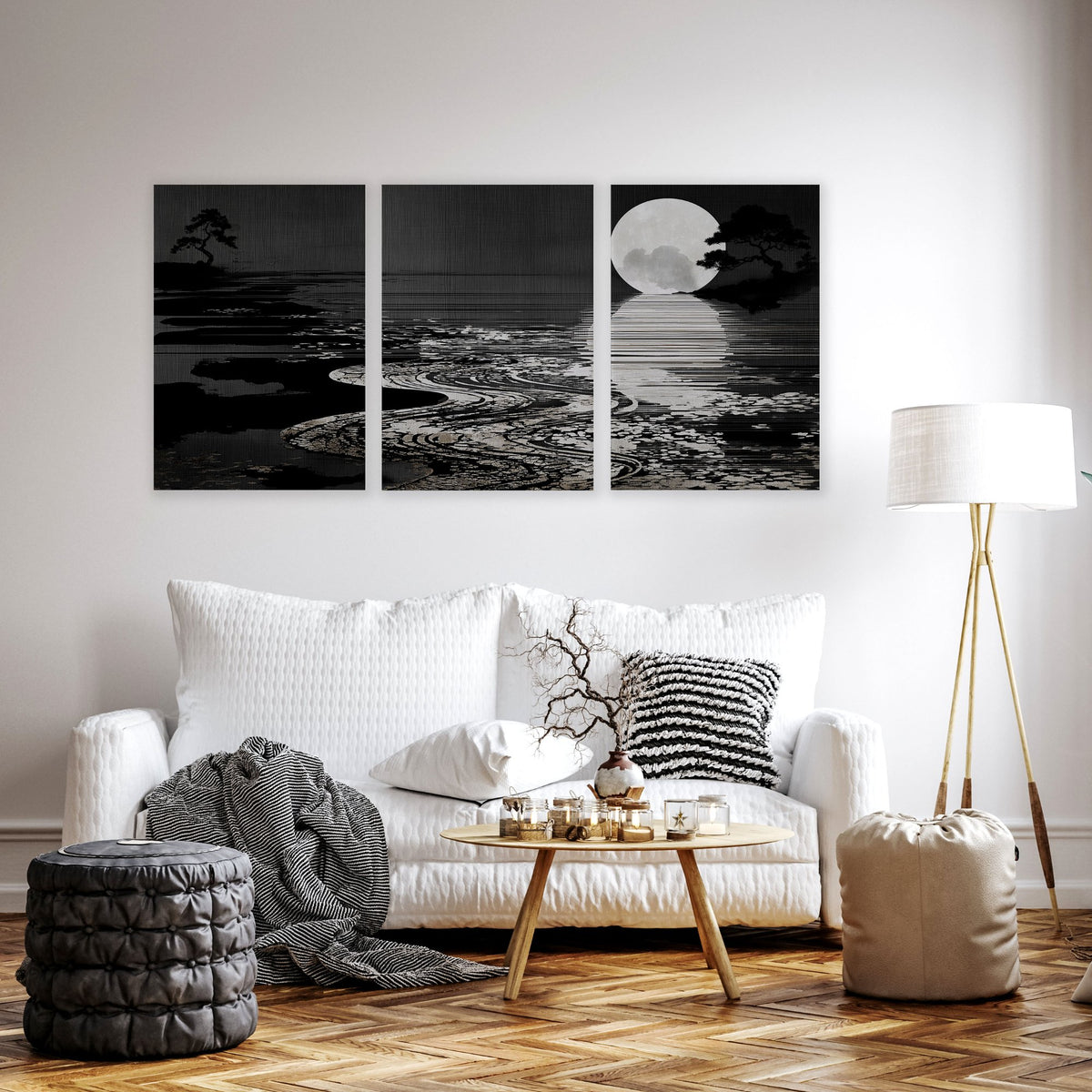 Canvas Pictures for Living Room Japandi Moon Landscape Black & White displayed on a wall in a styled room — view 13