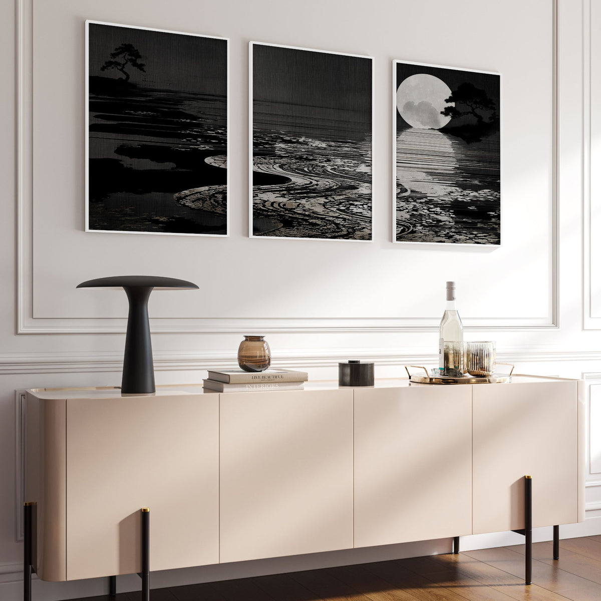 Canvas Pictures for Living Room Japandi Moon Landscape Black & White displayed on a wall in a styled room — view 14