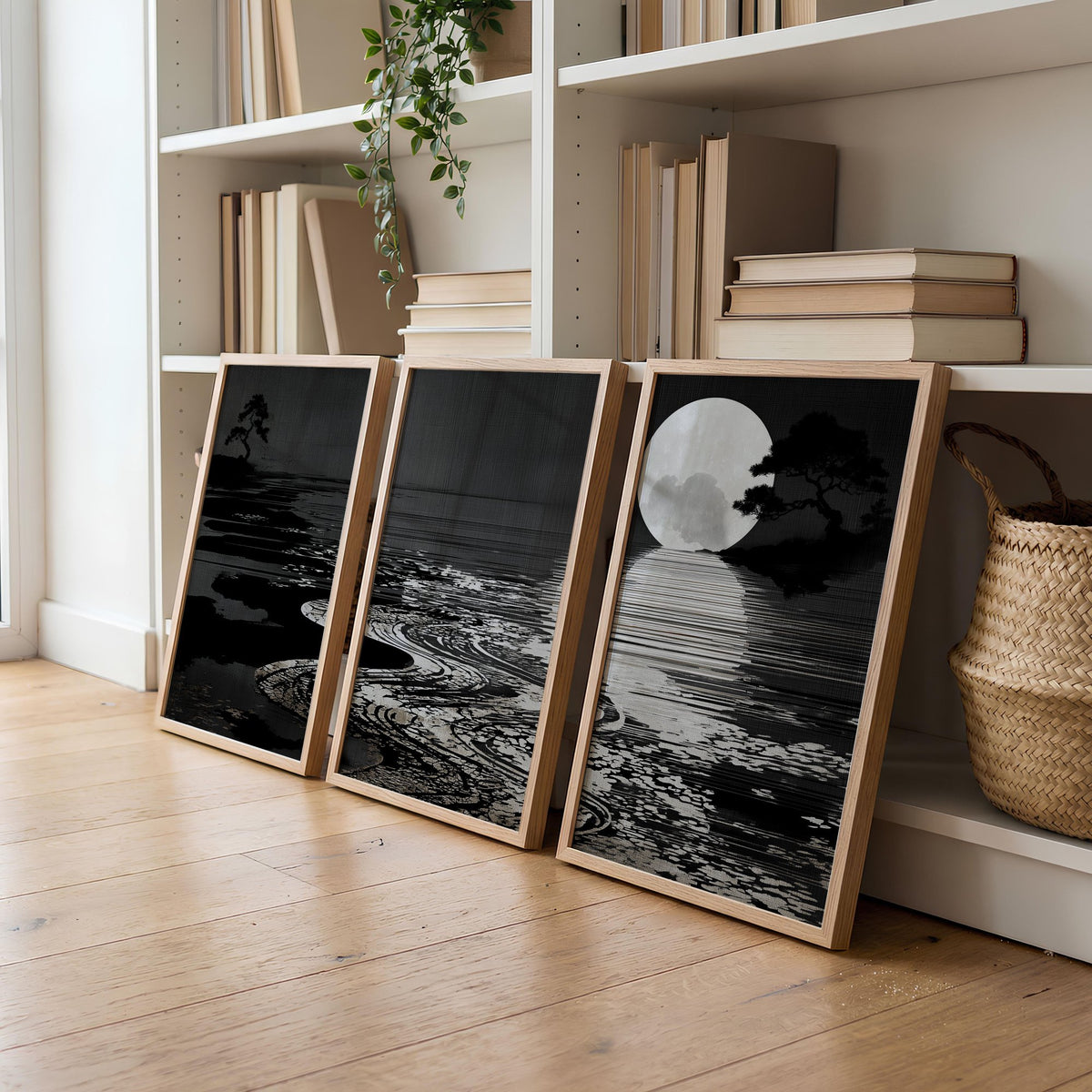 Canvas Pictures for Living Room Japandi Moon Landscape Black & White displayed on a wall in a styled room — view 3