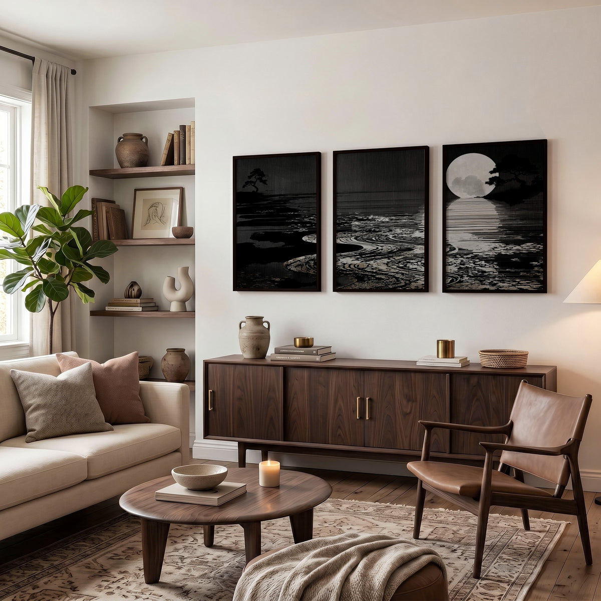 Canvas Pictures for Living Room Japandi Moon Landscape Black & White displayed on a wall in a styled room — view 4