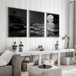 Canvas Pictures for Living Room Japandi Moon Landscape Black & White displayed on a wall in a styled room — view 6