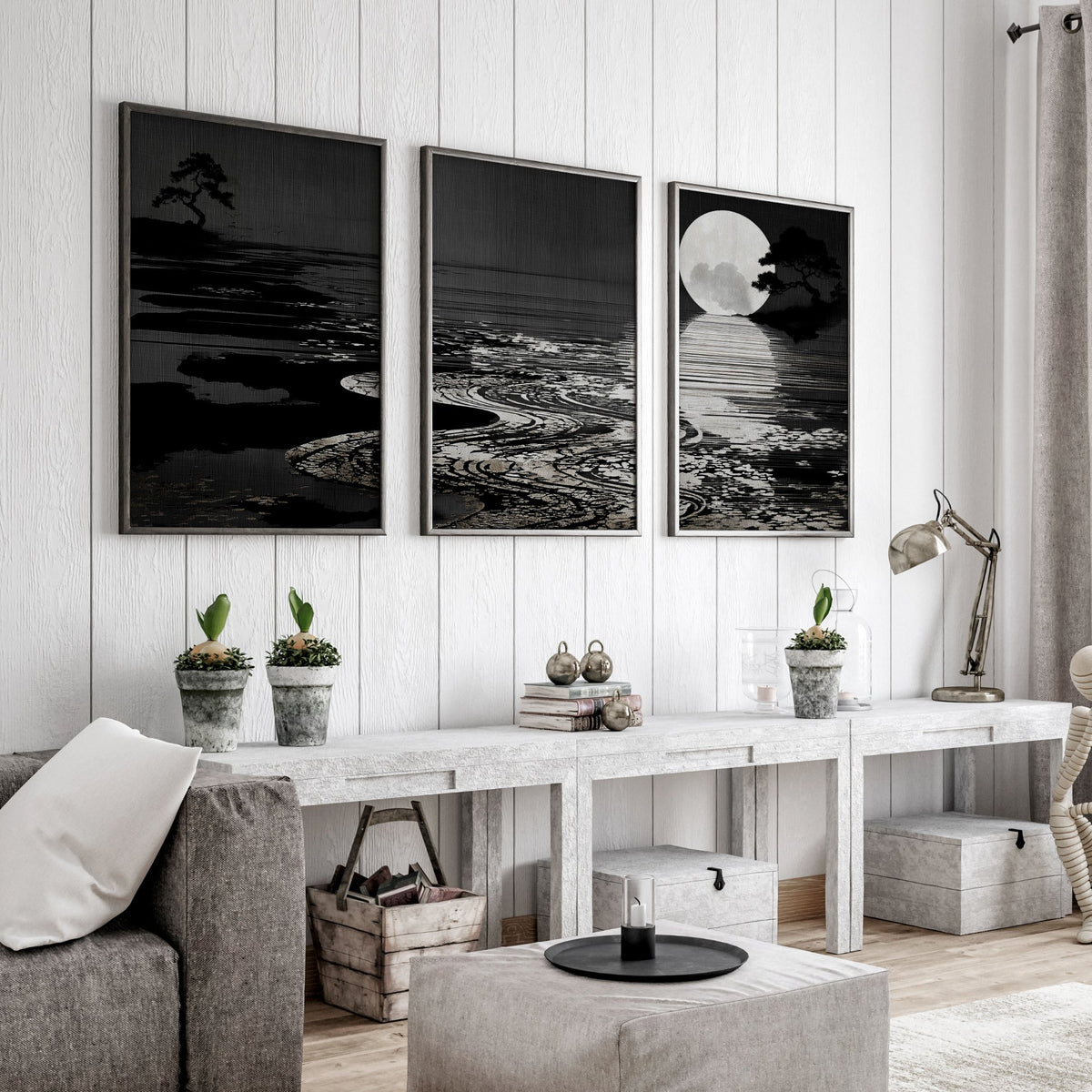Canvas Pictures for Living Room Japandi Moon Landscape Black & White displayed on a wall in a styled room — view 6