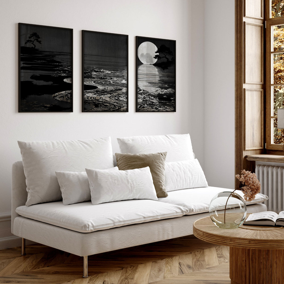 Canvas Pictures for Living Room Japandi Moon Landscape Black & White displayed on a wall in a styled room — view 7