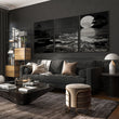 Canvas Pictures for Living Room Japandi Moon Landscape Black & White displayed on a wall in a styled room — view 8