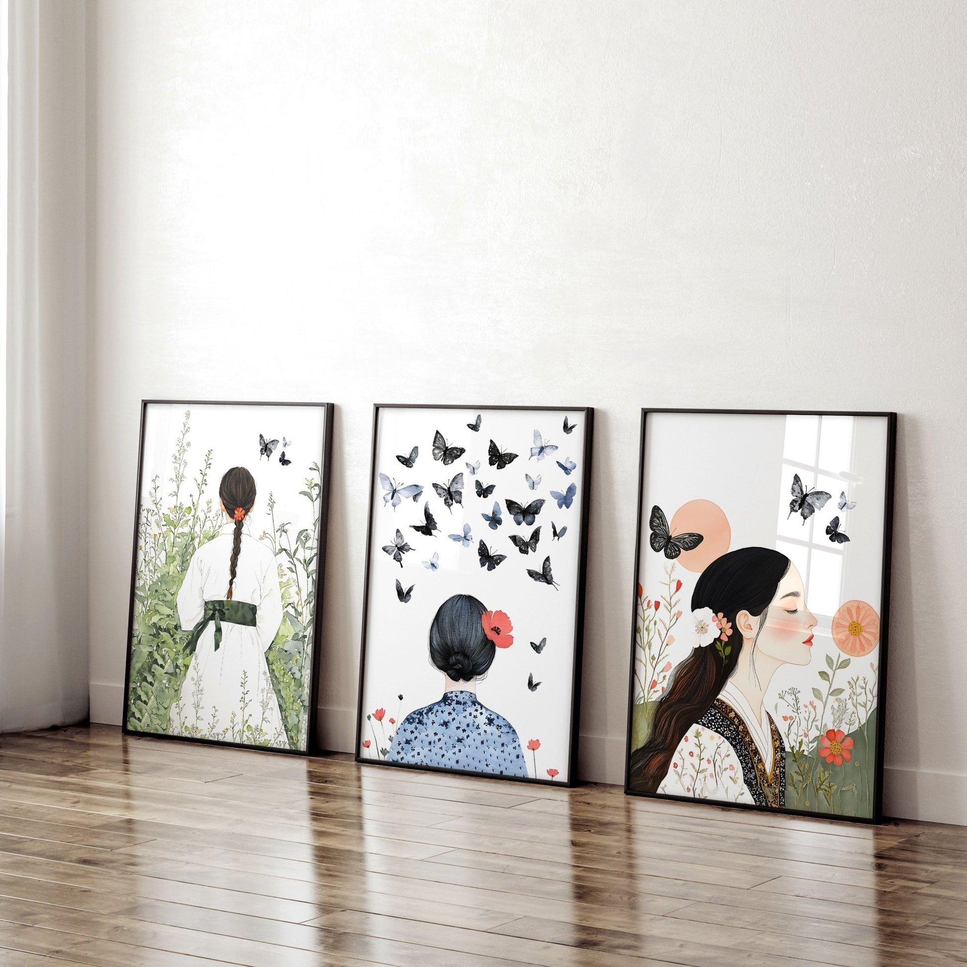 Canvas Pictures For Living Room | Set of 3 Boho Women Wall art Prints