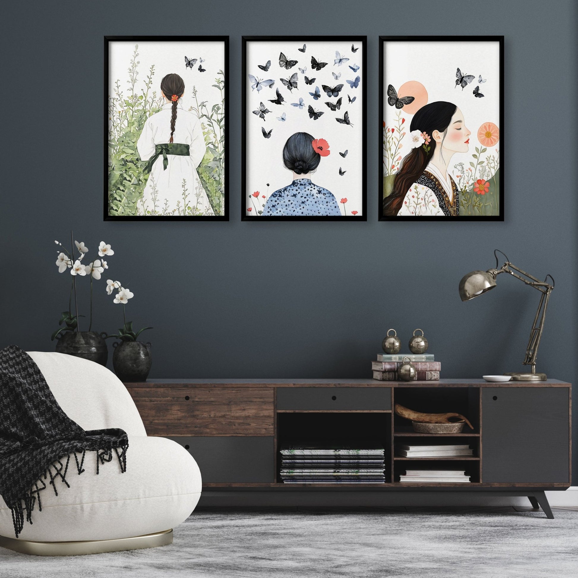 Canvas Pictures For Living Room | Set of 3 Boho Women Wall art Prints