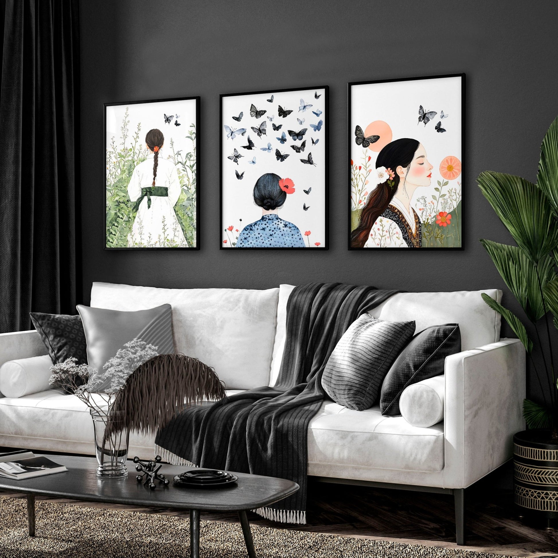 Canvas Pictures For Living Room | Set of 3 Boho Women Wall art Prints