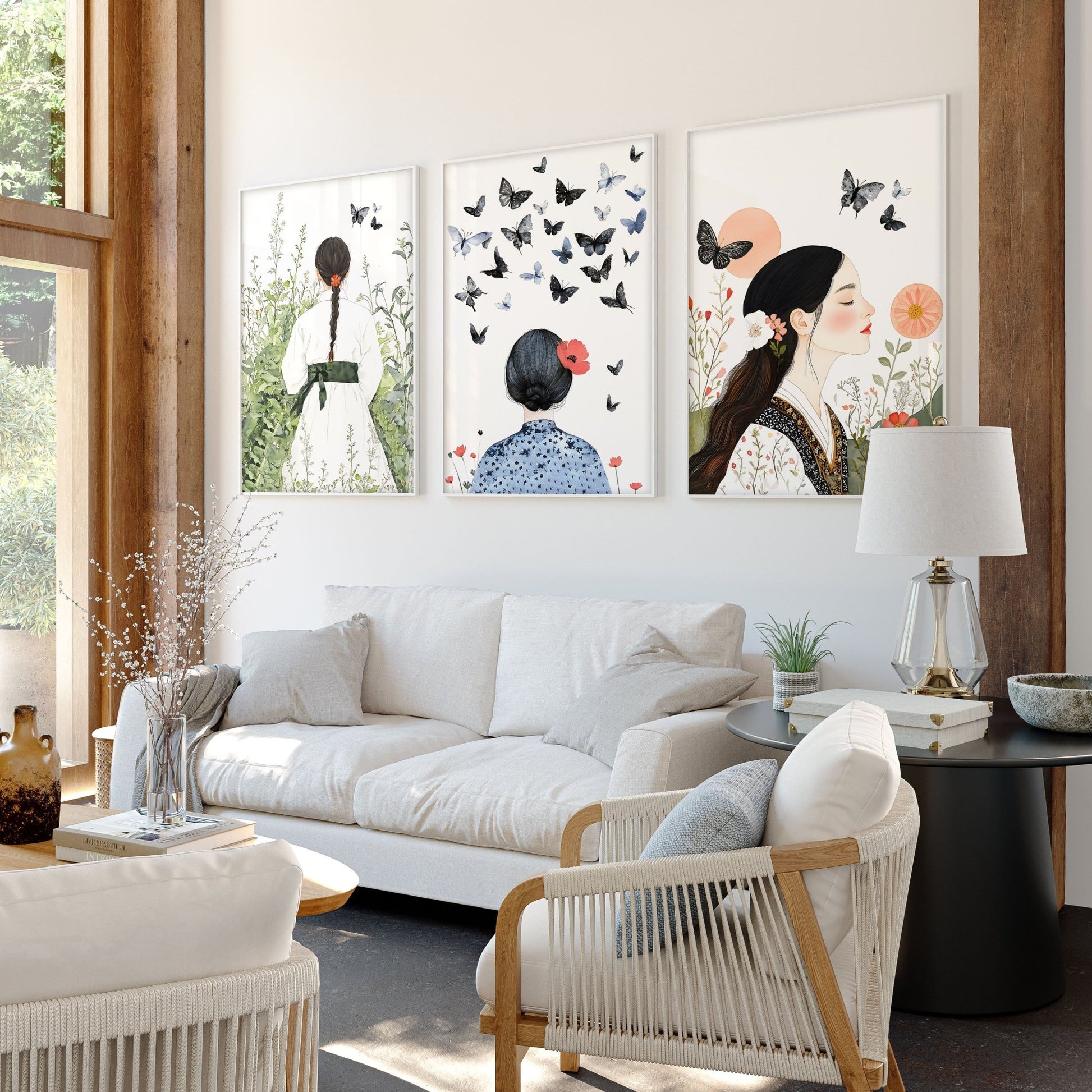 Canvas Pictures For Living Room | Set of 3 Boho Women Wall art Prints