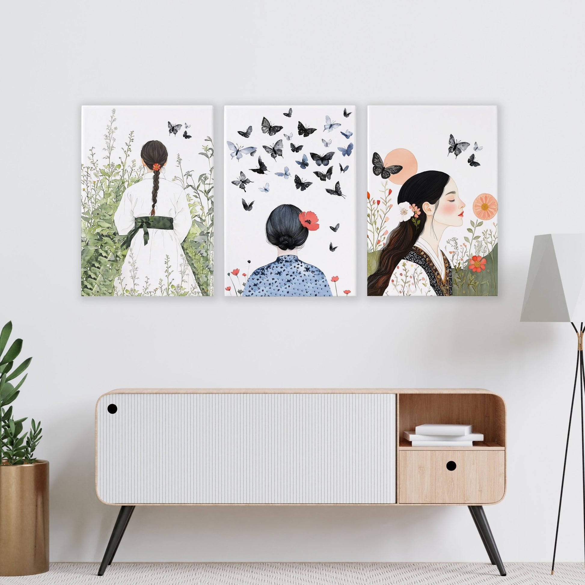 Canvas Pictures For Living Room | Set of 3 Boho Women Wall art Prints
