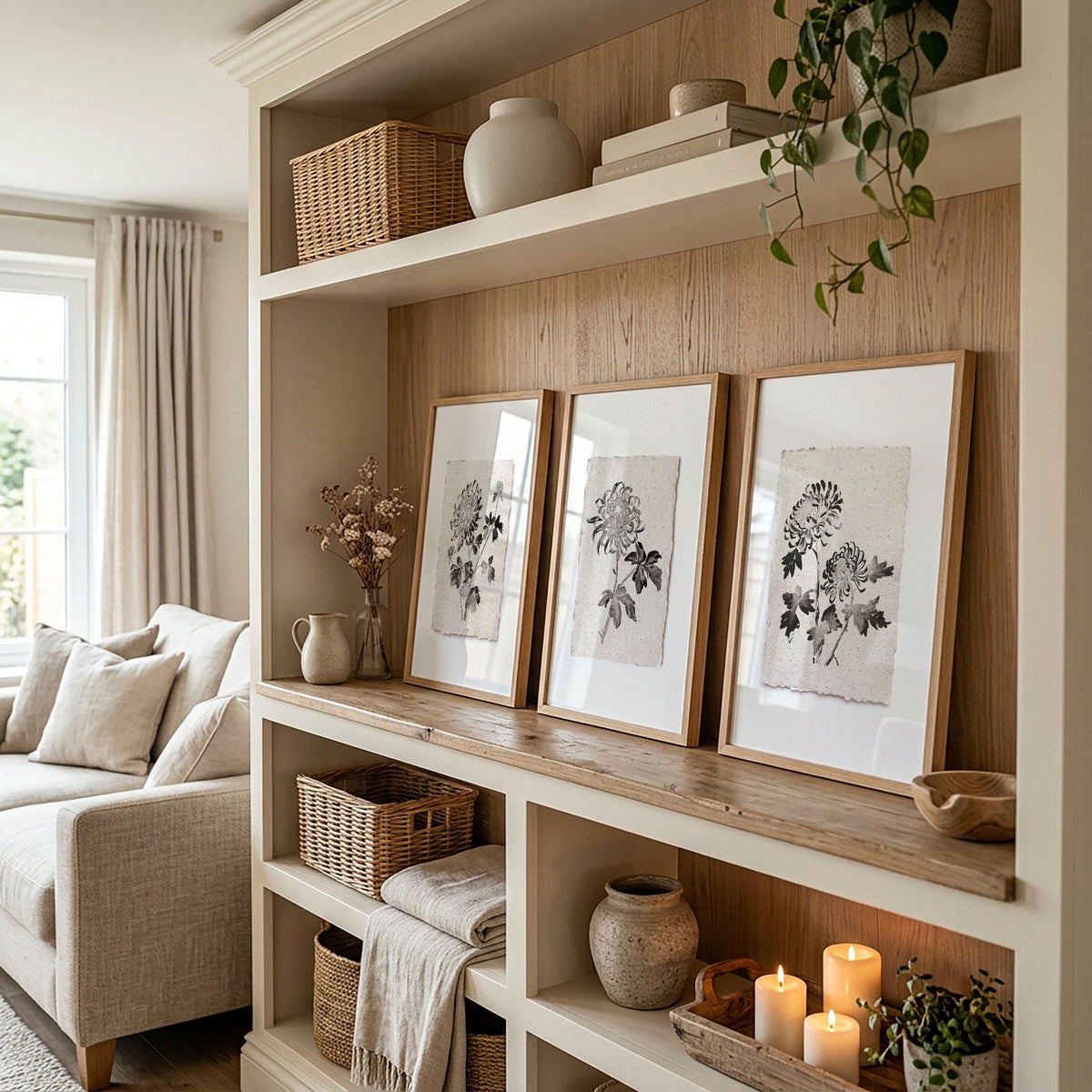 Canvas Wall Art Beige Botanical Chrysanthemum Ink Study displayed on a wall in a styled room — view 3