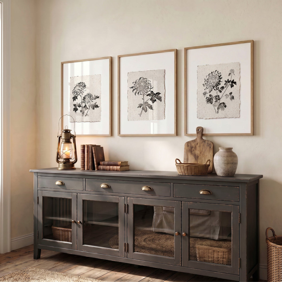 Canvas Wall Art Beige Botanical Chrysanthemum Ink Study displayed on a wall in a styled room — view 5