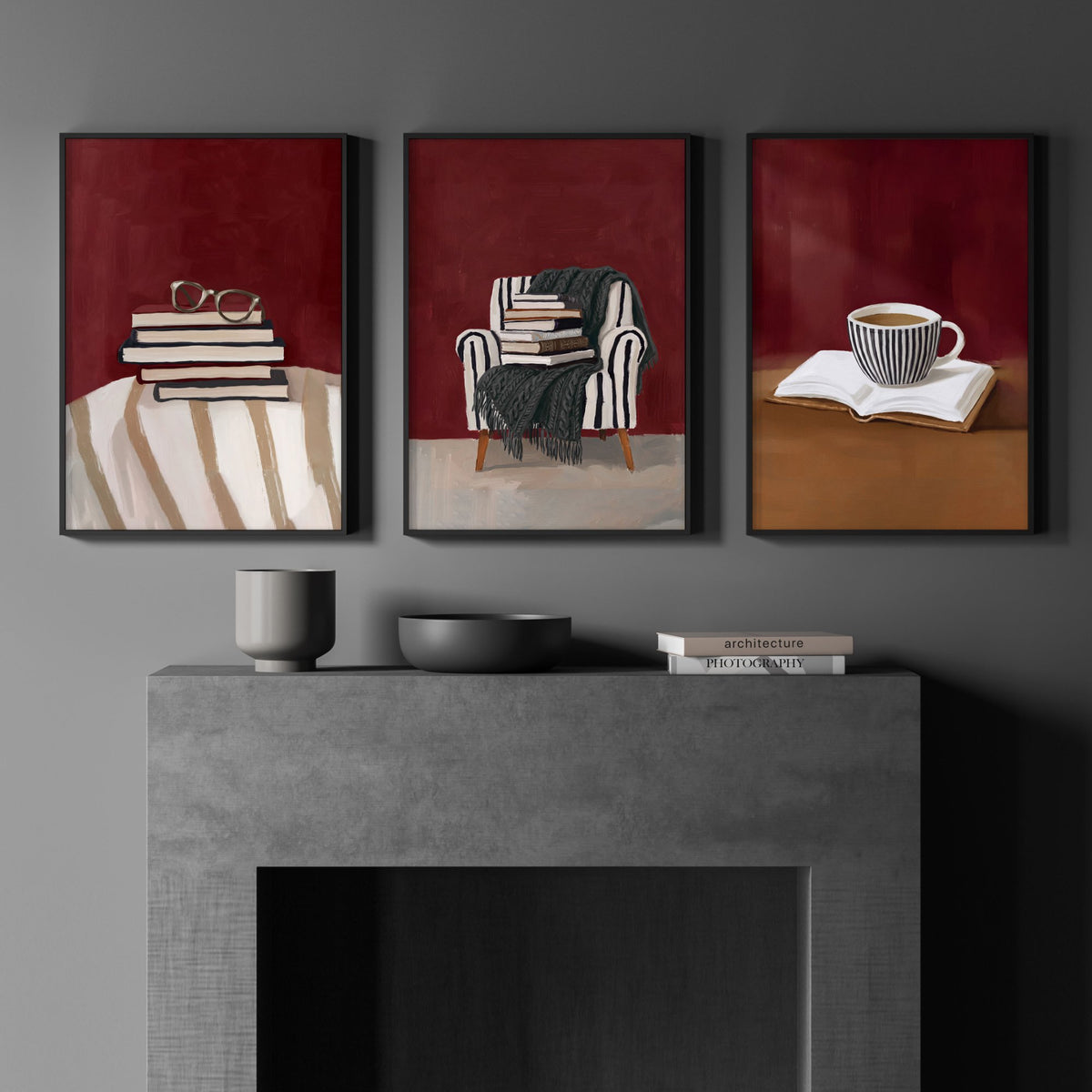 Canvas Wall Art Sets of 3 Burgundy Book Lover Reading Nook wall art displayed on a wall in a styled room