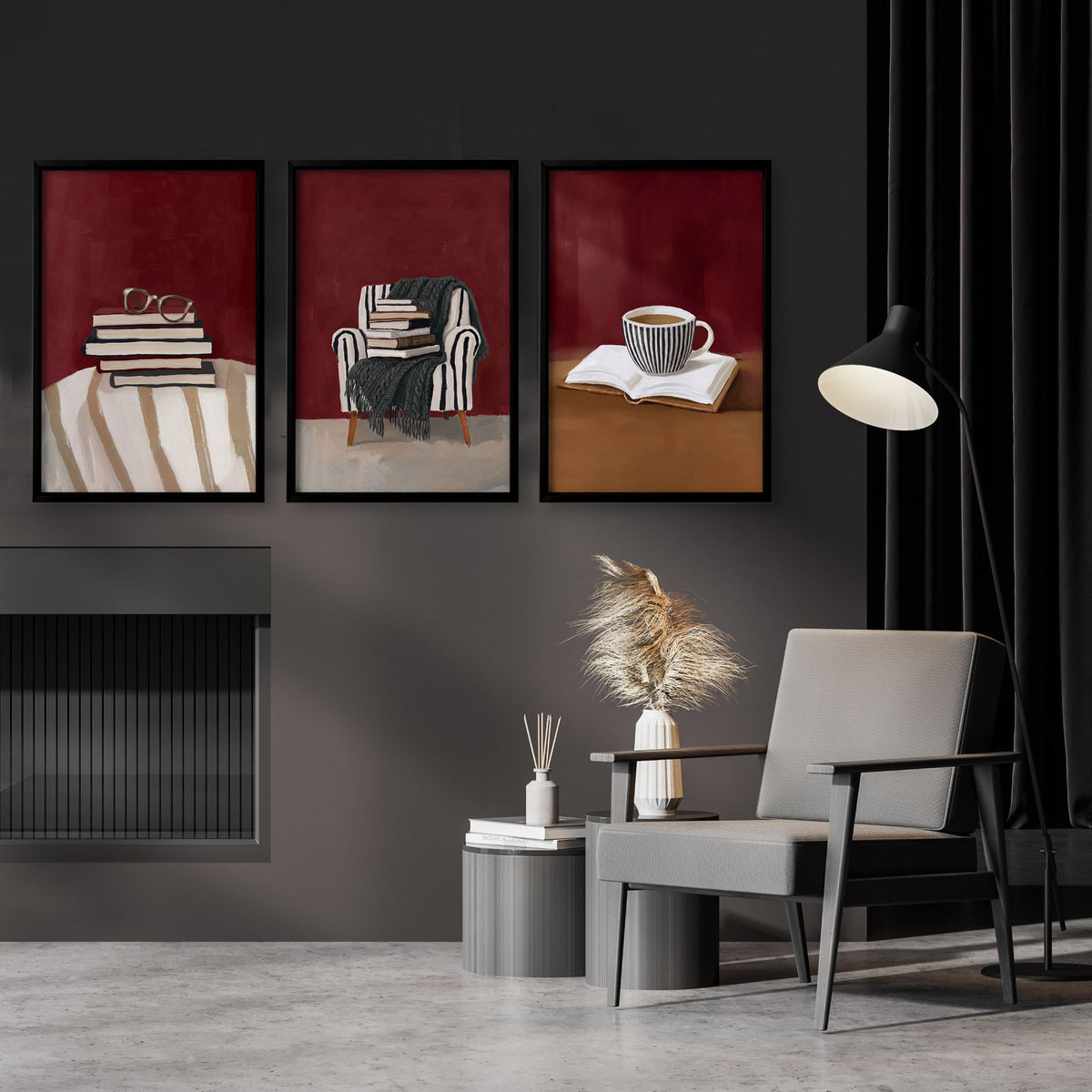 Canvas Wall Art Sets of 3 Burgundy Book Lover Reading Nook wall art displayed on a wall in a styled room — view 2