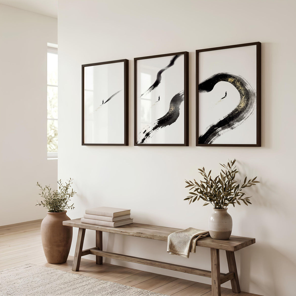 Canvas Zen Wall Art | Black Ink Brushstroke & Lone Figure Japanese Minimalist Art wall art displayed on a wall in a styled room — view 2