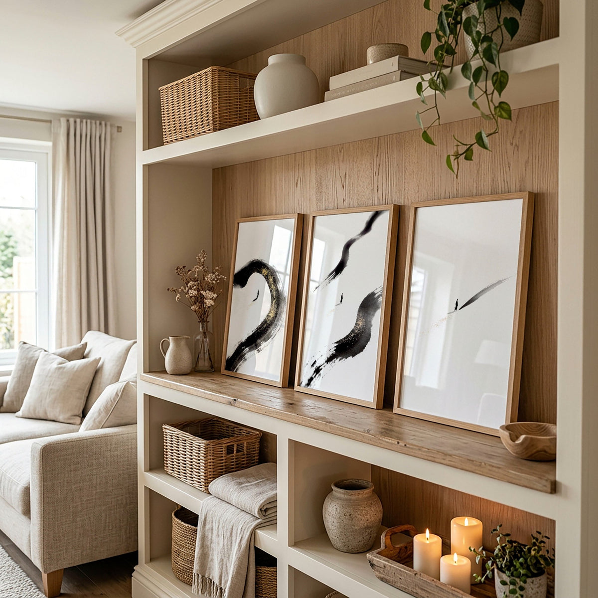 Canvas Zen Wall Art | Black Ink Brushstroke & Lone Figure Japanese Minimalist Art wall art displayed on a wall in a styled room — view 4