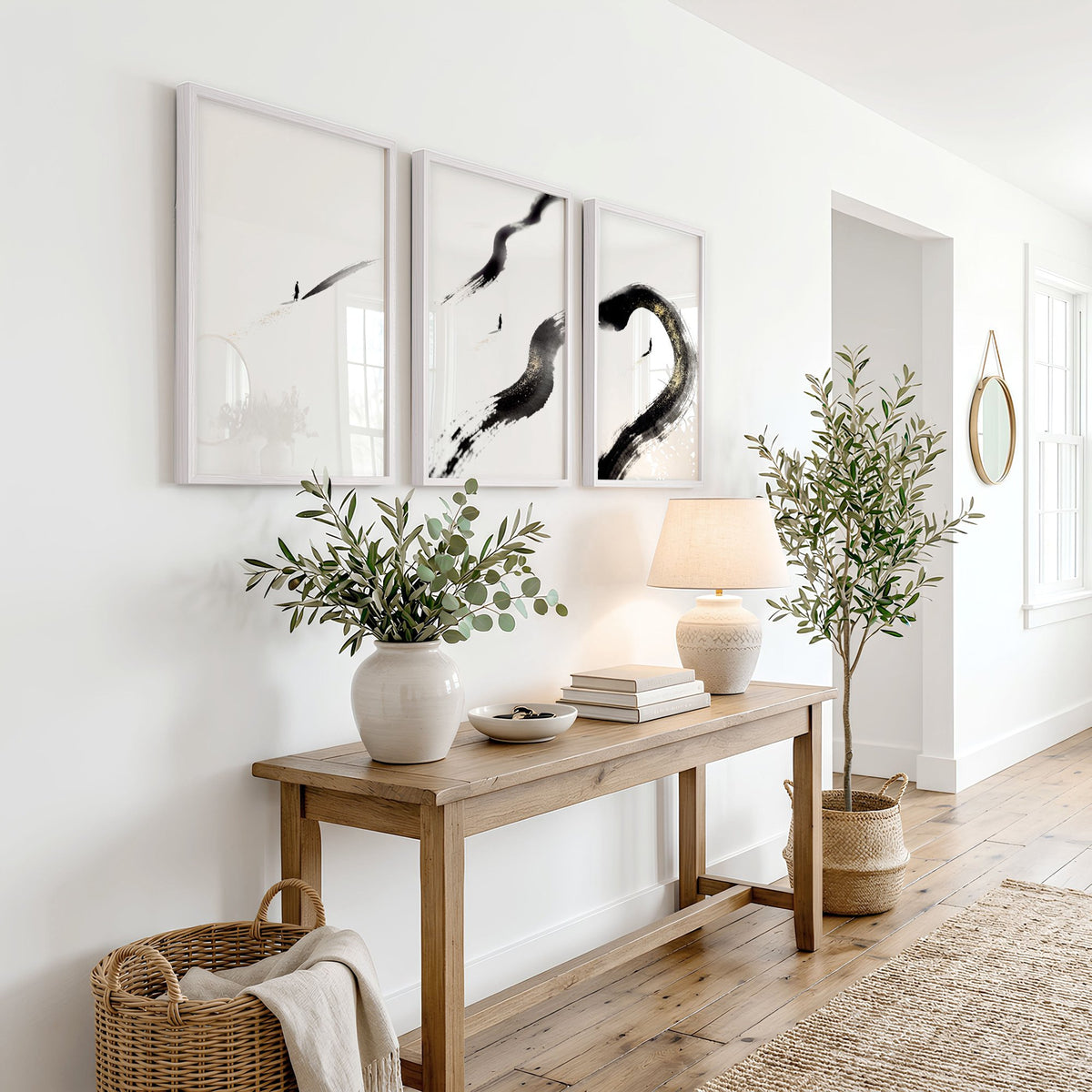 Canvas Zen Wall Art | Black Ink Brushstroke & Lone Figure Japanese Minimalist Art wall art displayed on a wall in a styled room — view 5