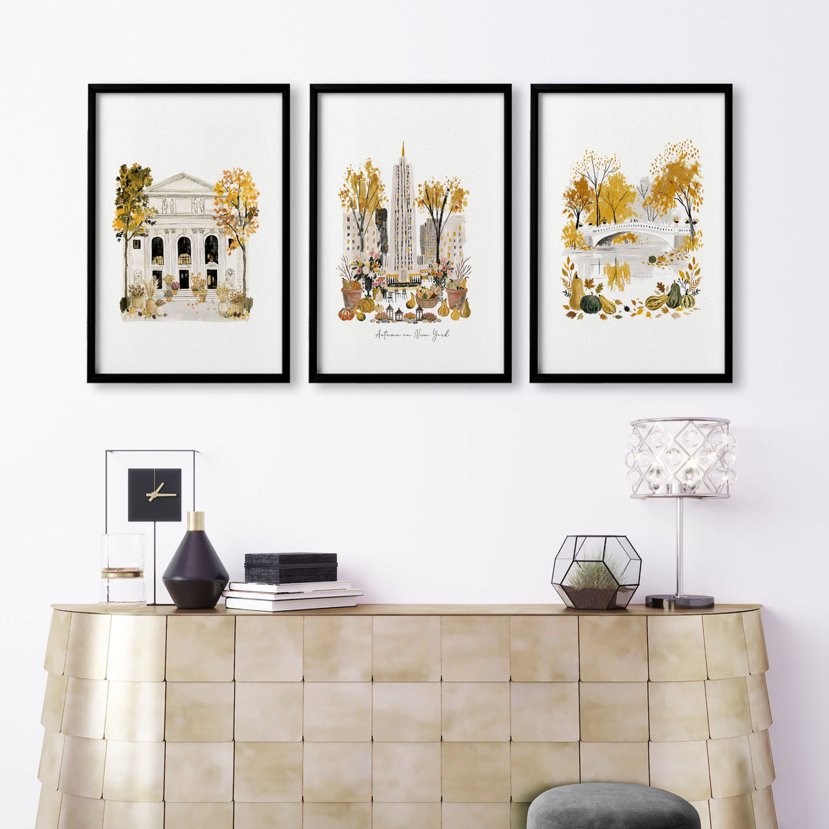 Canvases for Living Room "Autumn in New York" NYC Travel wall art displayed on a wall in a styled room — view 10