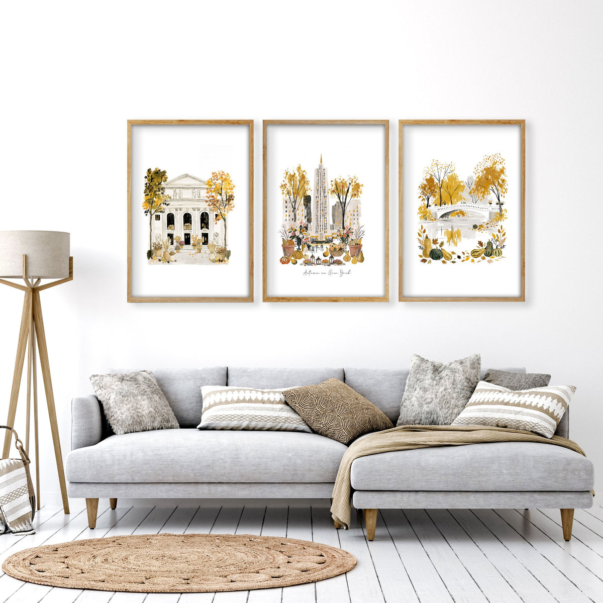 Canvases for Living Room "Autumn in New York" NYC Travel wall art displayed on a wall in a styled room — view 11