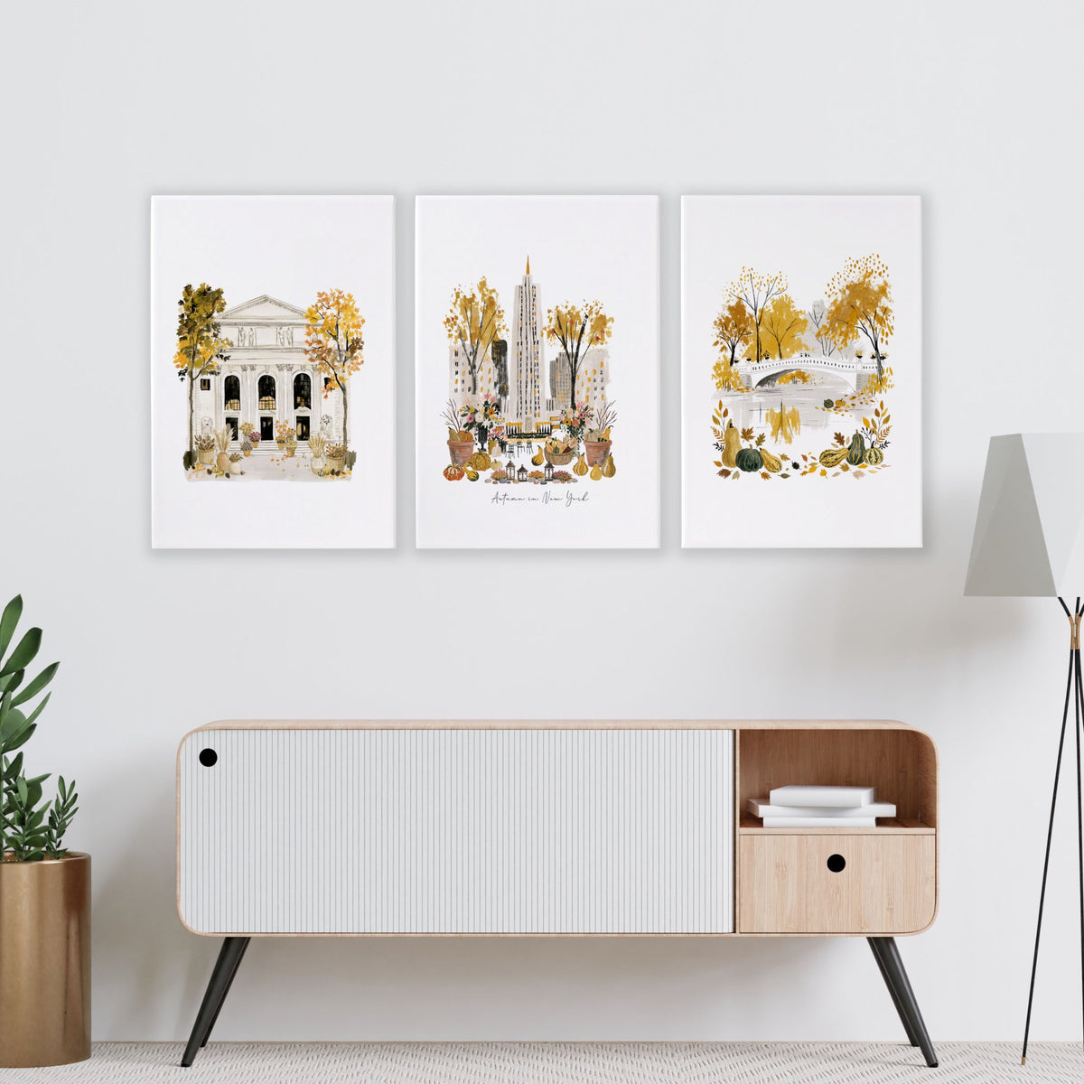 Canvases for Living Room "Autumn in New York" NYC Travel wall art displayed on a wall in a styled room — view 12