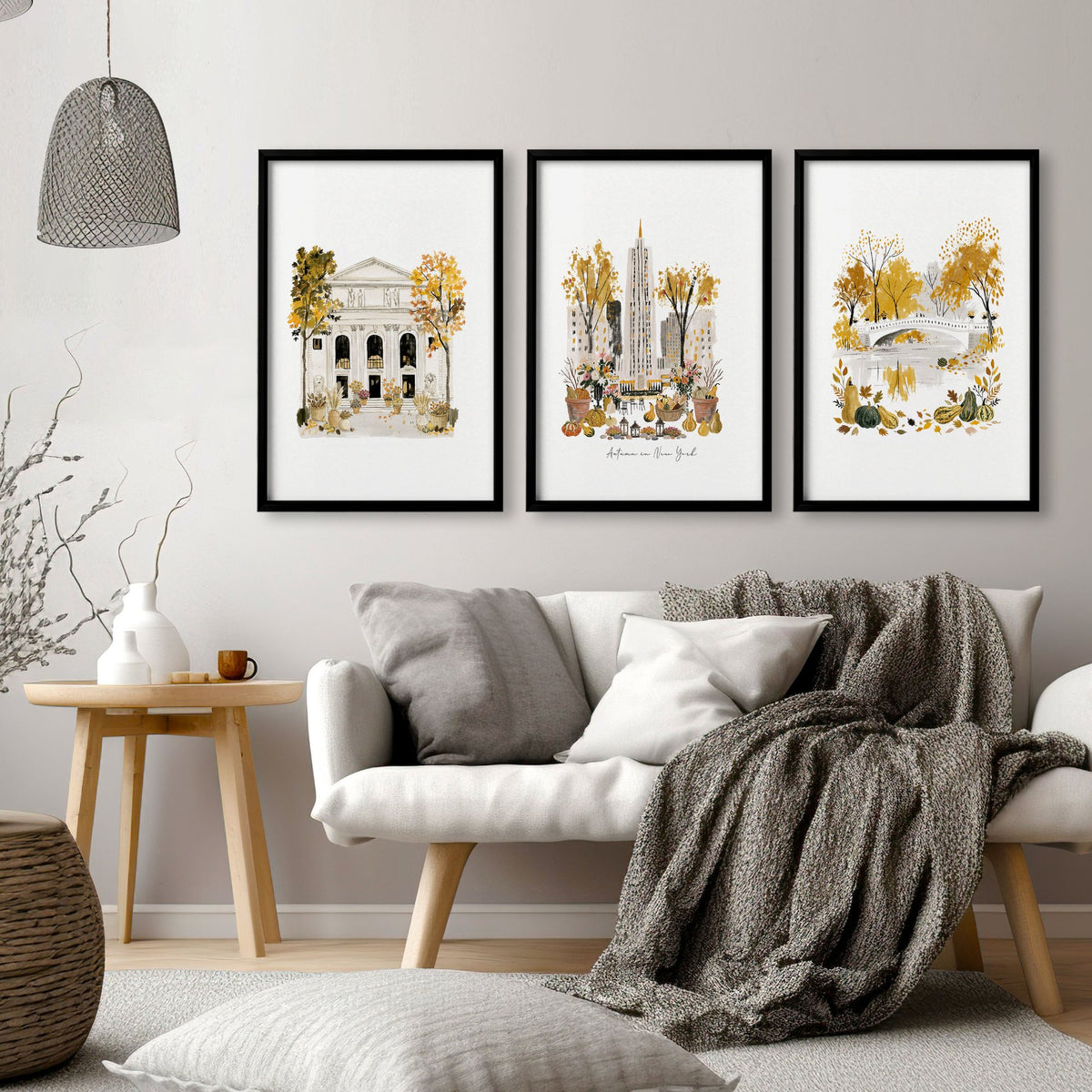 Canvases for Living Room "Autumn in New York" NYC Travel wall art displayed on a wall in a styled room — view 13