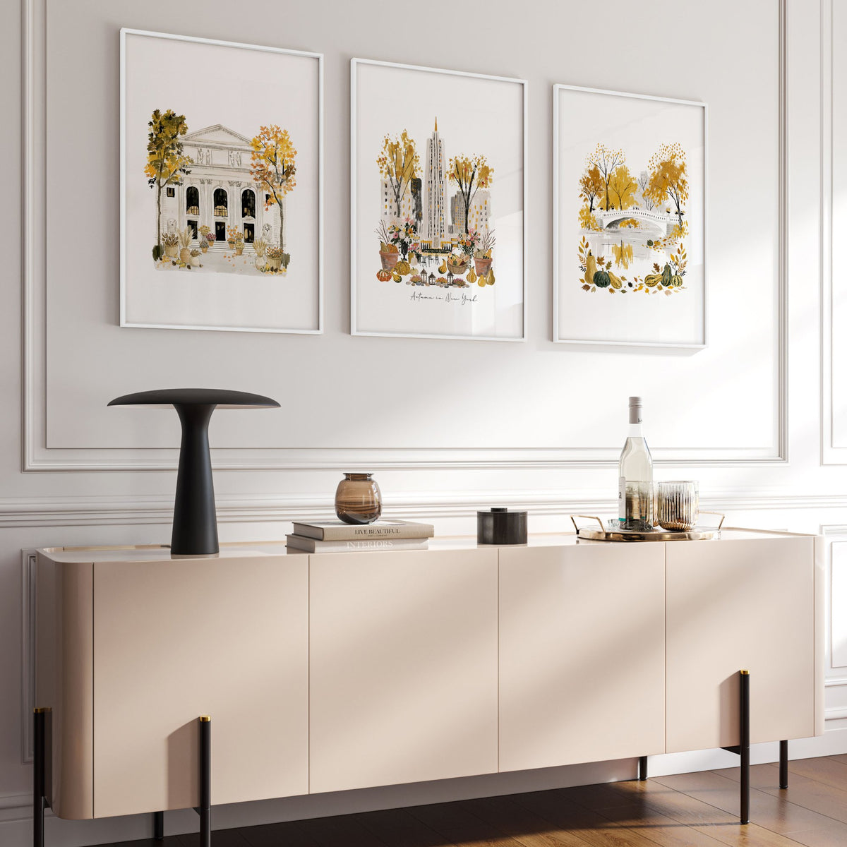 Canvases for Living Room "Autumn in New York" NYC Travel wall art displayed on a wall in a styled room — view 15