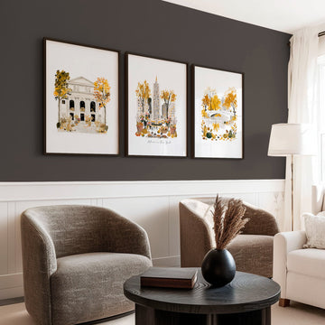 Canvases for Living Room "Autumn in New York" NYC Travel wall art displayed on a wall in a styled room — view 2