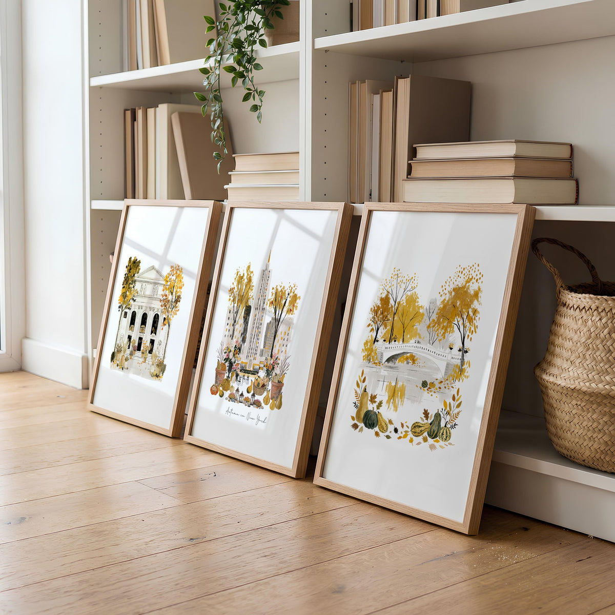 Canvases for Living Room "Autumn in New York" NYC Travel wall art displayed on a wall in a styled room — view 3