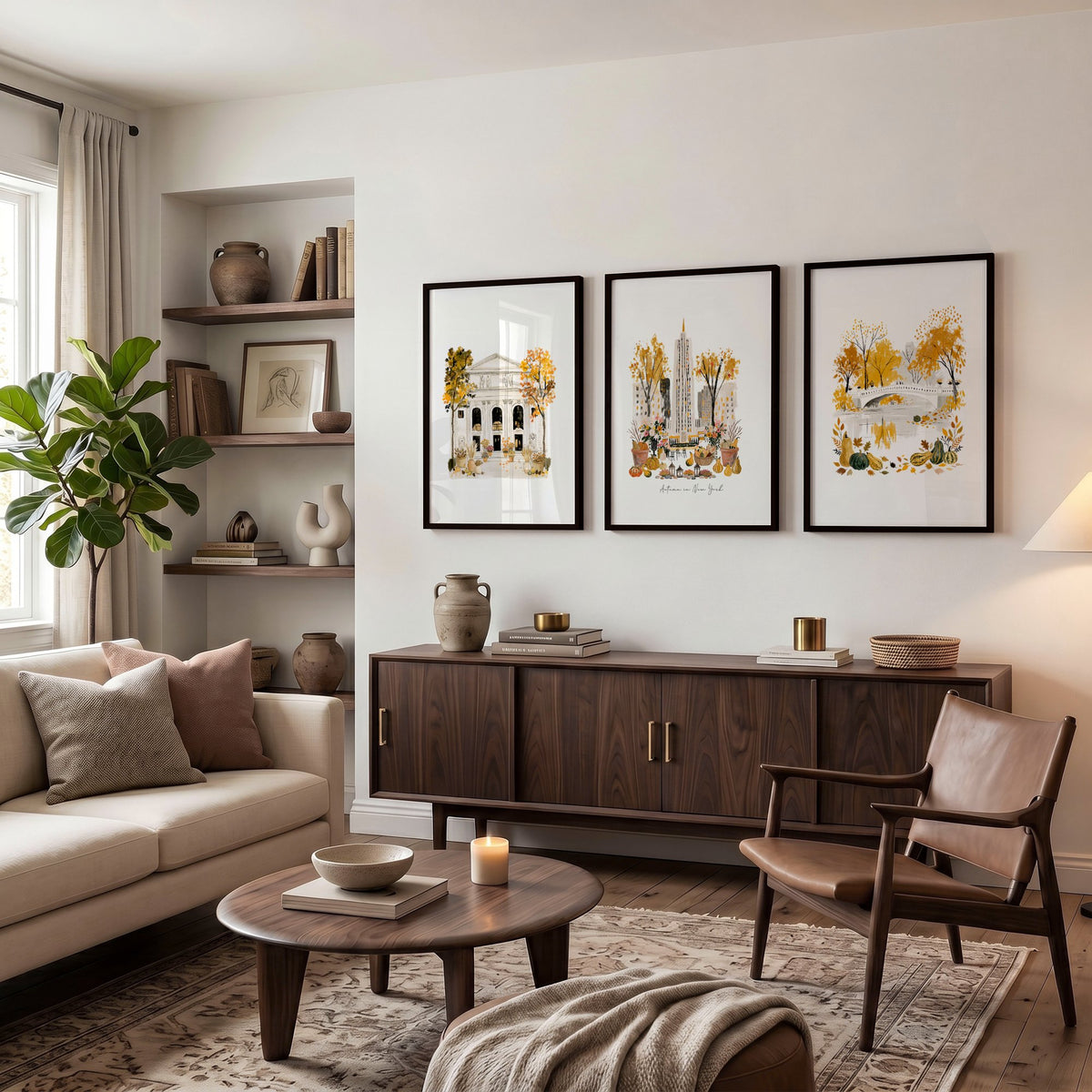 Canvases for Living Room "Autumn in New York" NYC Travel wall art displayed on a wall in a styled room — view 4