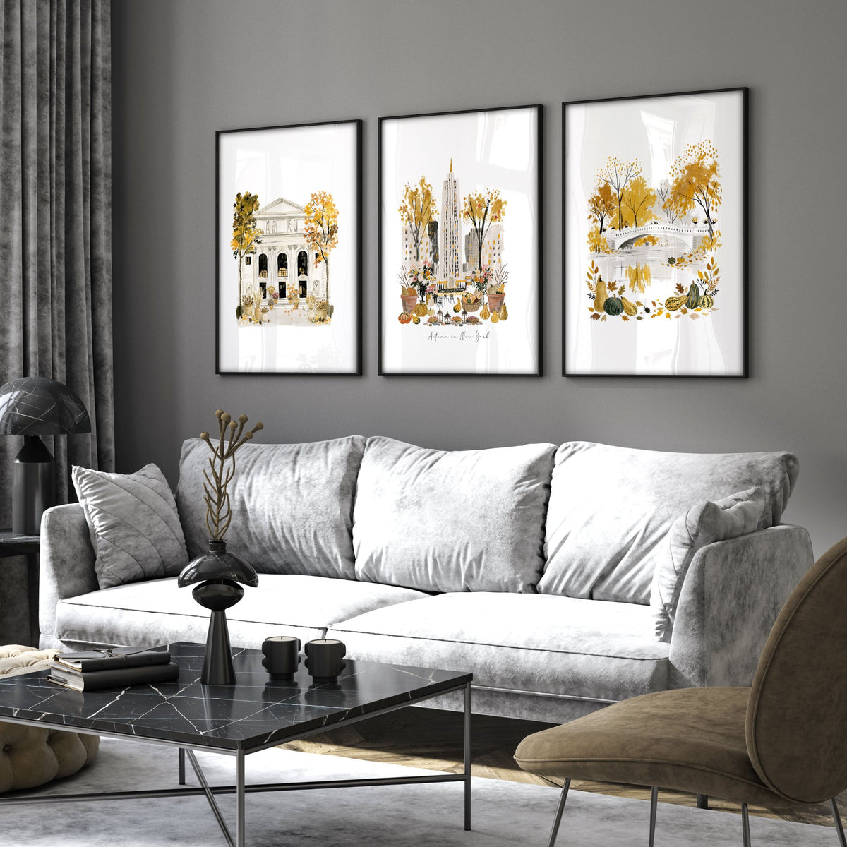Canvases for Living Room "Autumn in New York" NYC Travel wall art displayed on a wall in a styled room — view 5