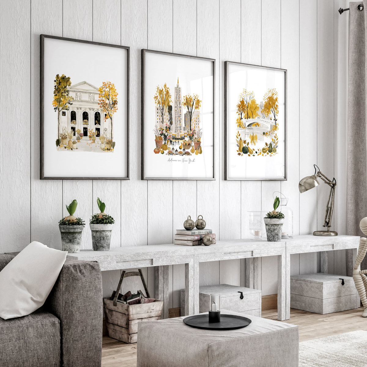 Canvases for Living Room "Autumn in New York" NYC Travel wall art displayed on a wall in a styled room — view 6