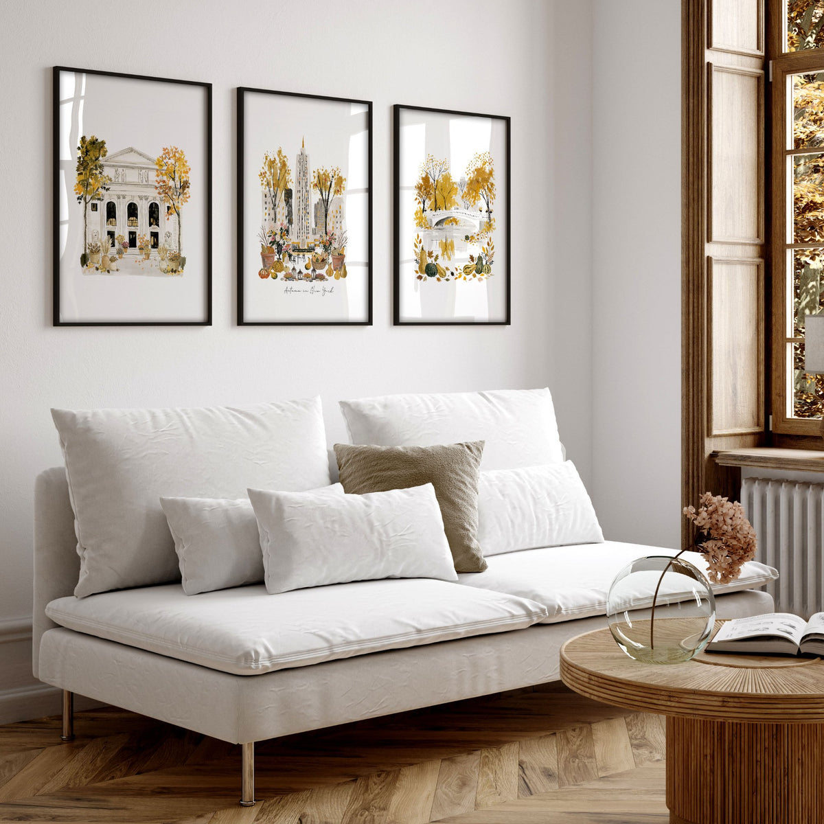 Canvases for Living Room "Autumn in New York" NYC Travel wall art displayed on a wall in a styled room — view 7