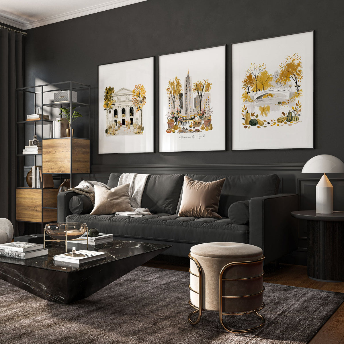 Canvases for Living Room "Autumn in New York" NYC Travel wall art displayed on a wall in a styled room — view 8