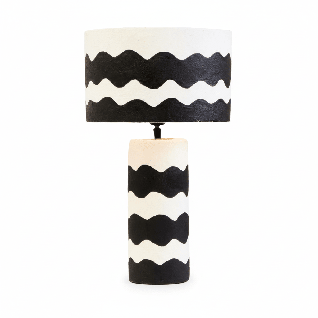Carta 50cm Black And White Curved Stripe Papier Mache Table Lamp
