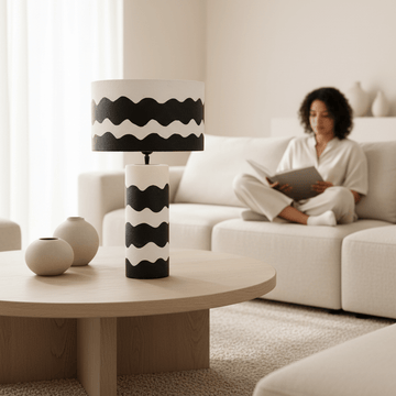 Carta 50cm Black And White Curved Stripe Papier Mache Table Lamp
