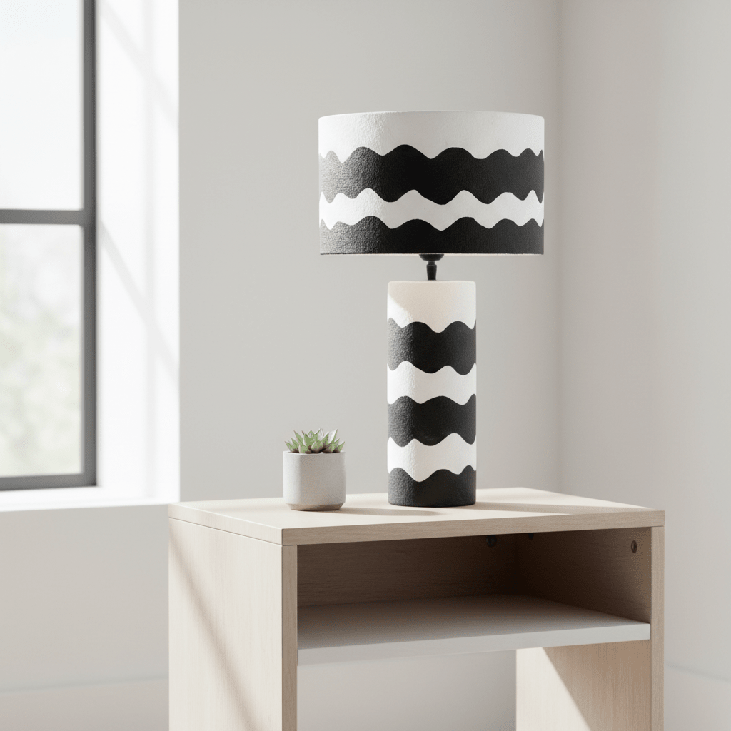 Carta 50cm Black And White Curved Stripe Papier Mache Table Lamp