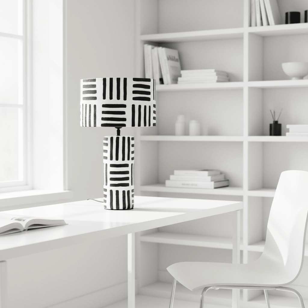 Carta 50cm Black And White Papier Mache Table Lamp with Geometric Lines