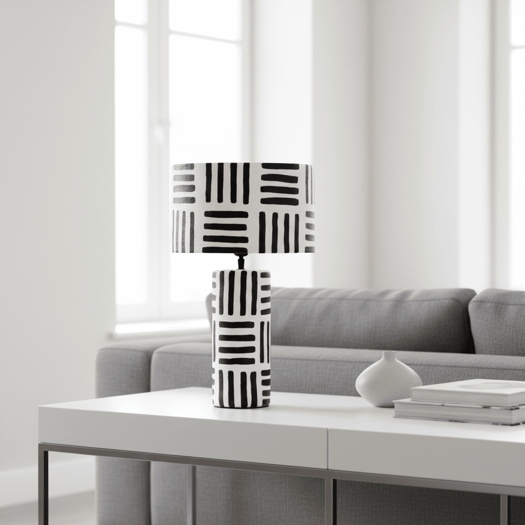 Carta 50cm Black And White Papier Mache Table Lamp with Geometric Lines