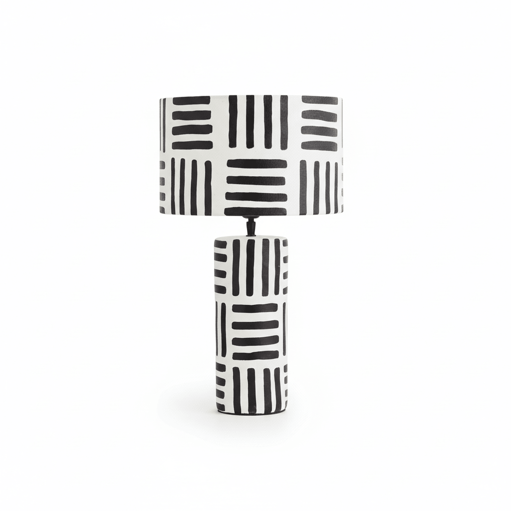 Carta 50cm Black And White Papier Mache Table Lamp with Geometric Lines