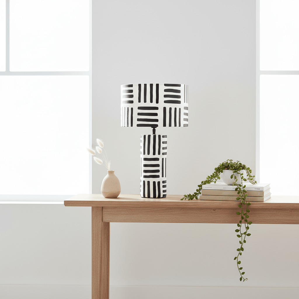 Carta 50cm Black And White Papier Mache Table Lamp with Geometric Lines
