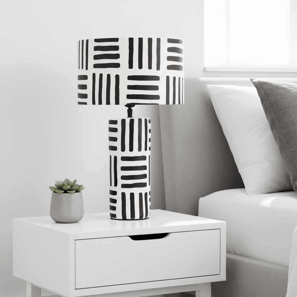 Carta 50cm Black And White Papier Mache Table Lamp with Geometric Lines