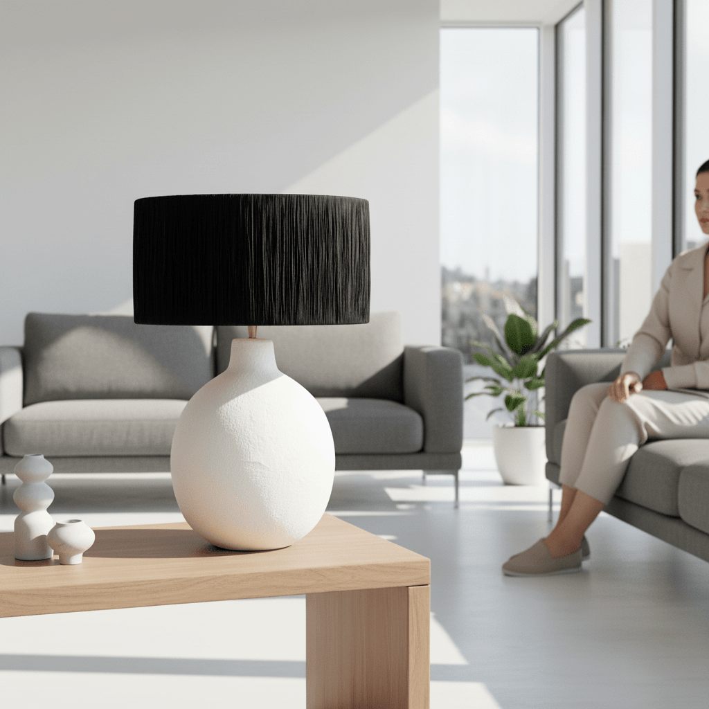 Carta 61cm White Papier Mache Table Lamp With Black Raffia Shade