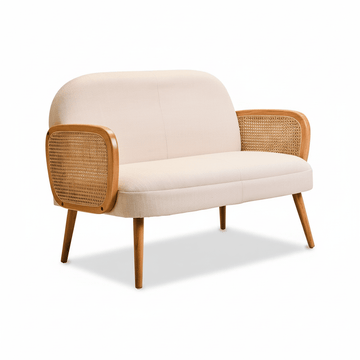 Cebu Ivory Fabric and Cane 2 Seat Sofa with Elm Wood Legs