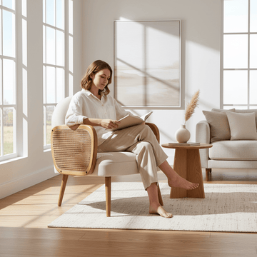 Cebu Ivory Fabric and Cane Chair with Elm Wood Legs