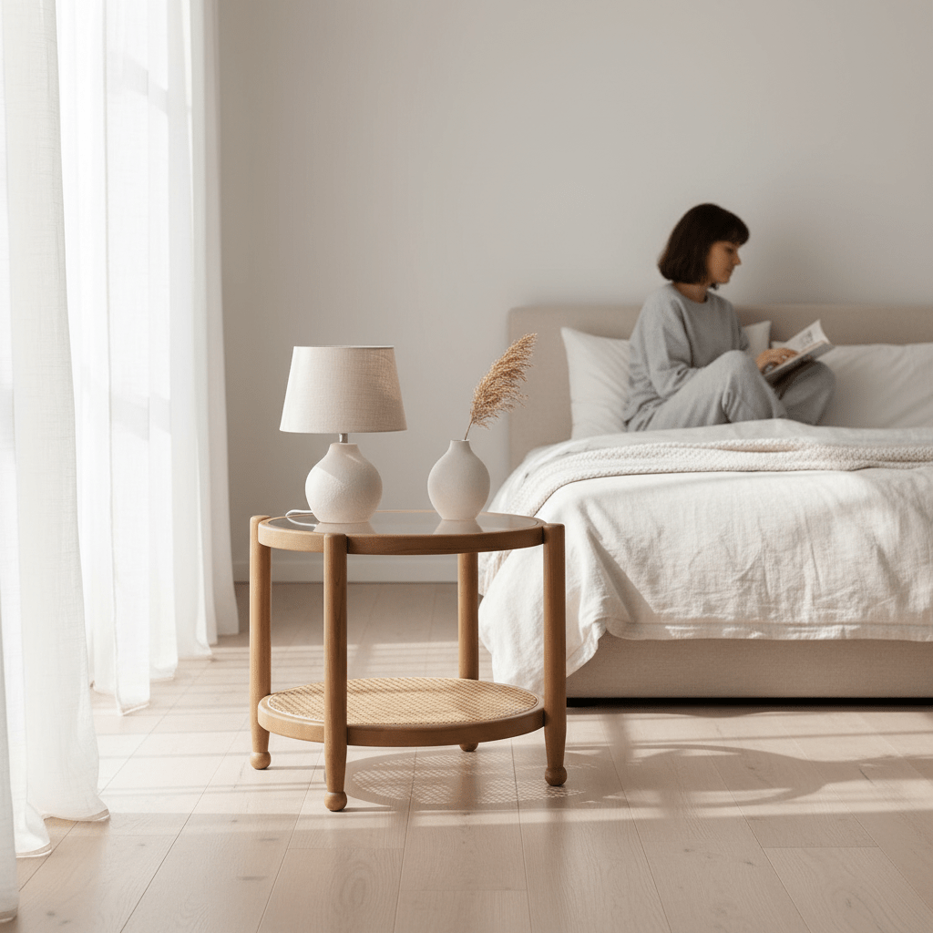 Cebu Natural Cane and Grey Wash Elm Wood Side Table