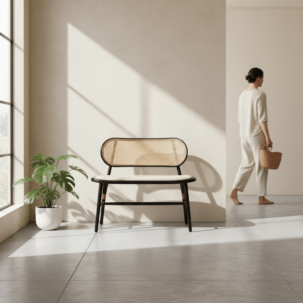Cebu Natural Cane Bench with Black Elm Wood Frame