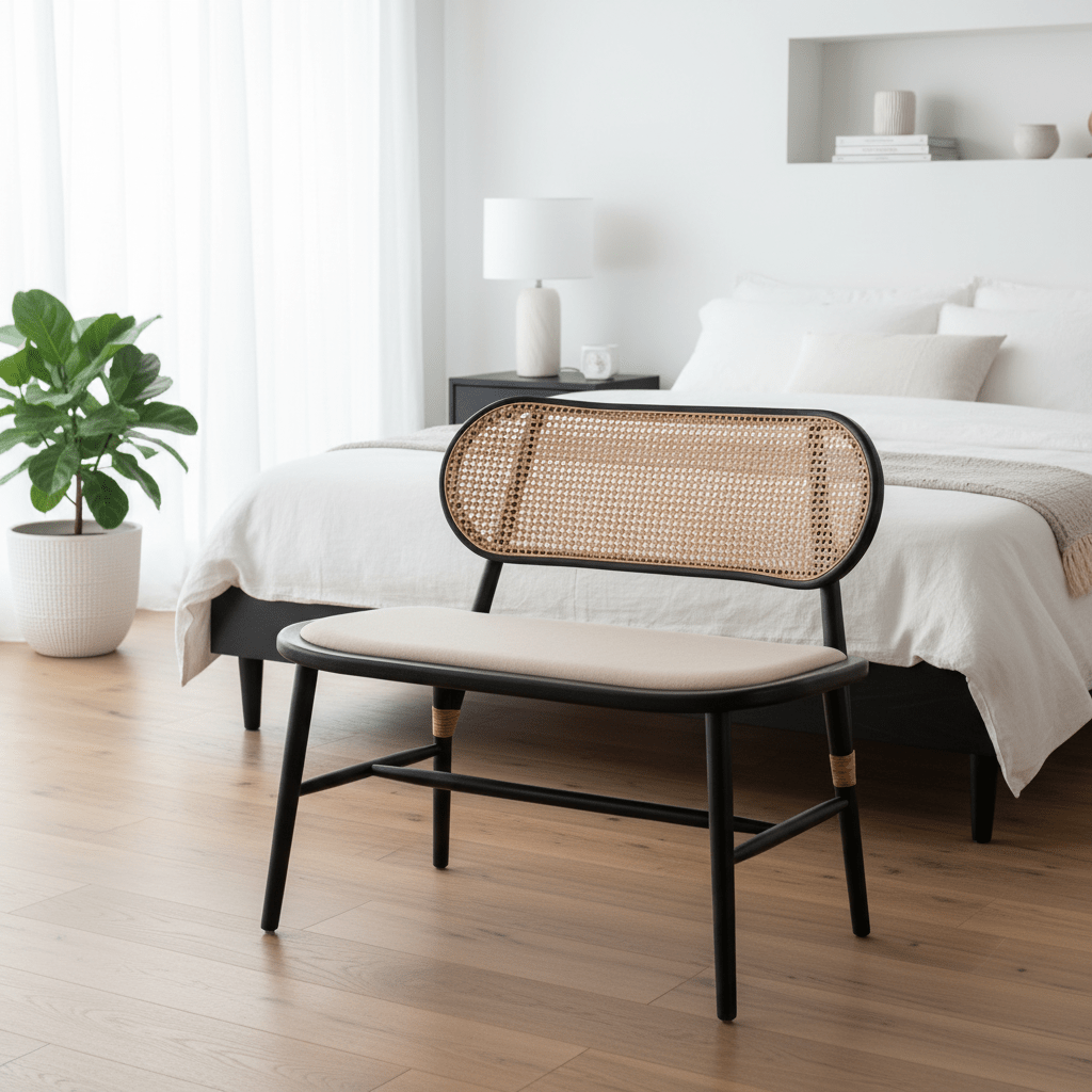 Cebu Natural Cane Bench with Black Elm Wood Frame
